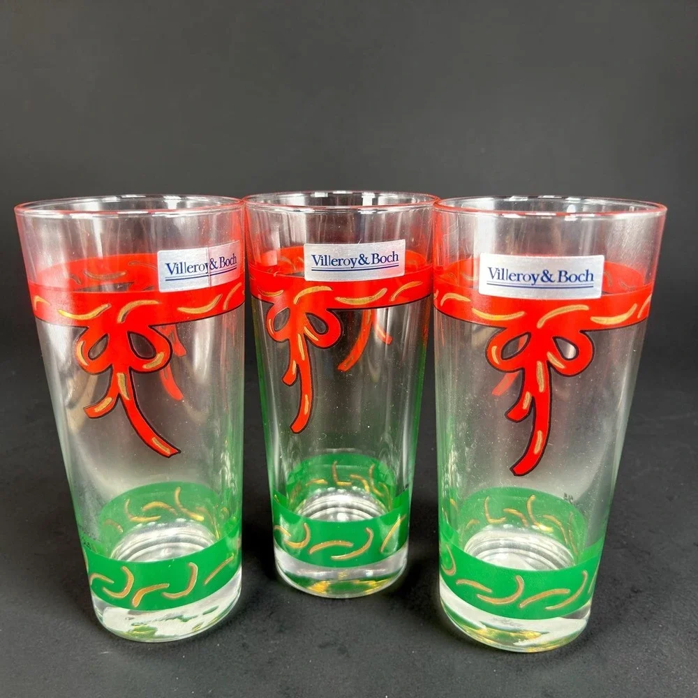 Villeroy & Boch Christmas Highball Glasses Set‎ 4 Red Ribbon Green France NEW